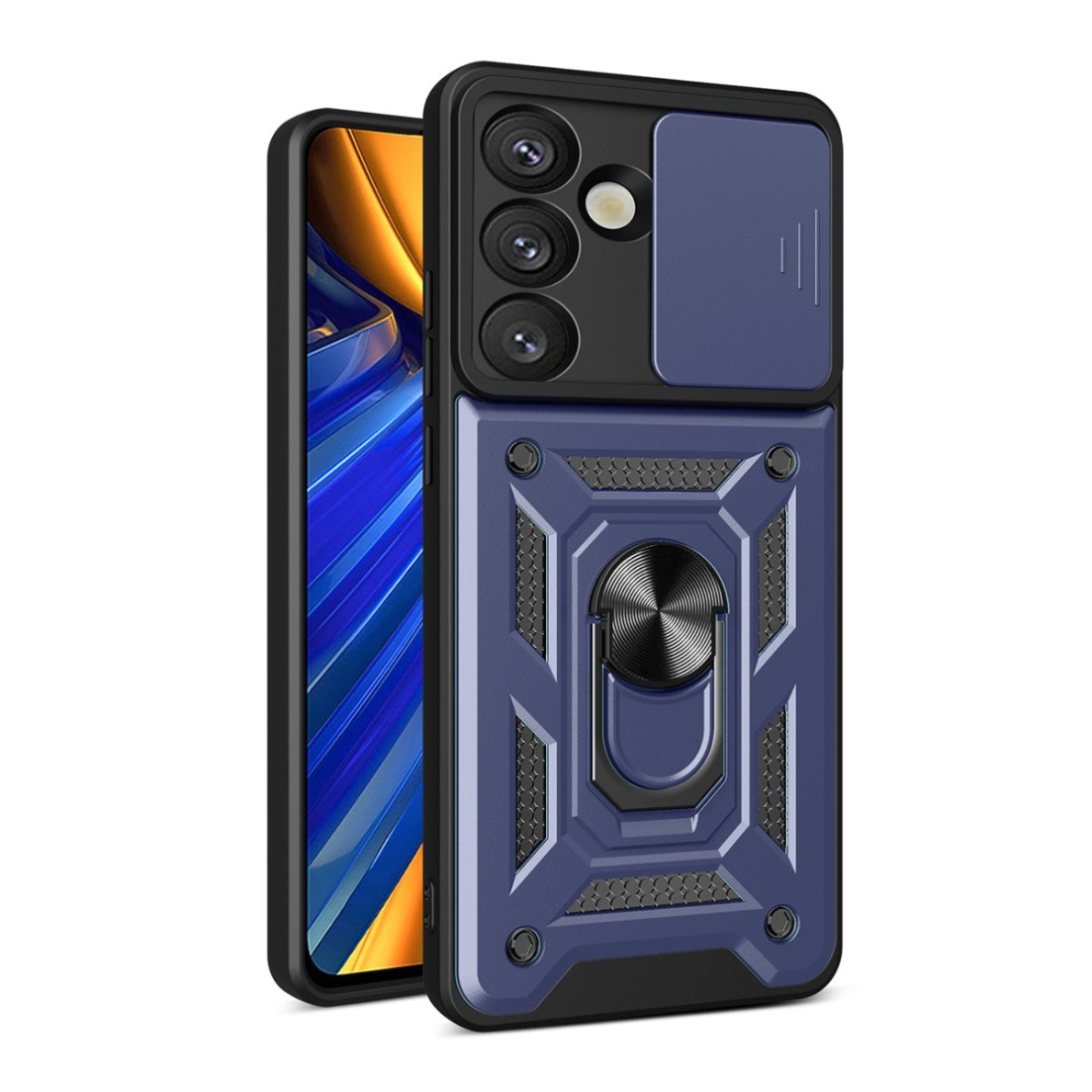 Samsung Galaxy S25 Edge Hybrid Armor Camshield dėklas su stovu ir kameros dangteliu - mėlynas