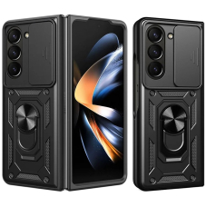 Samsung Galaxy Z Flip 7 Hybrid Armor Camshield Armored dėklas su stovu ir kameros dangteliu - juodas