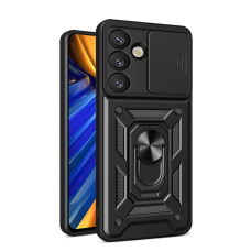 Google Pixel 9 Pro XL 5G / 10 Pro XL 5G Hybrid Armor Camshield dėklas su stovu ir kameros dangteliu - juodas