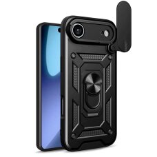 iPhone 17 Air Hybrid Armor Camshield dėklas su stovu ir kameros dangteliu – juodas