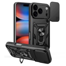 iPhone 17 Pro Hybrid Armor Camshield dėklas su stovu ir kameros dangteliu – juodas