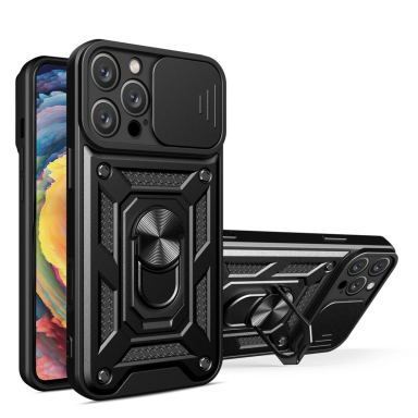 Dėklas Hybrid Armor Camshield iPhone 16 Pro Case with Camera Cover and Stand - Juodas Dėklas Hybrid Armor Camshield iPhone 16 Pro Case with Camera Cover and Stand - Juodas