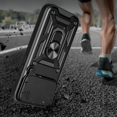 iPhone 17 Pro Max Hybrid Armor Camshield dėklas su stovu ir kameros dangteliu – juodas 1