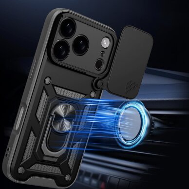 iPhone 17 Pro Max Hybrid Armor Camshield dėklas su stovu ir kameros dangteliu – juodas 2