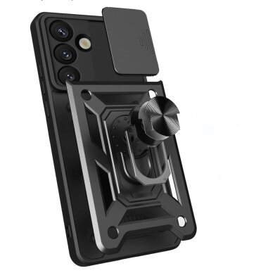 Google Pixel 9 / 9 Pro / 10 / 10 Pro 5G dėklas Hybrid Armor Camshield su stovu ir kameros dangteliu – juodas 6