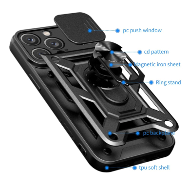 Dėklas Hybrid Armor Camshield iPhone 16 Pro Case with Camera Cover and Stand - Juodas 7 Dėklas Hybrid Armor Camshield iPhone 16 Pro Case with Camera Cover and Stand - Juodas 7