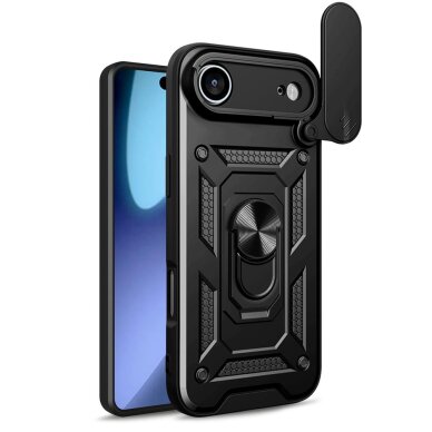 iPhone 17 Air Hybrid Armor Camshield dėklas su stovu ir kameros dangteliu – juodas