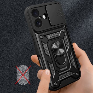 iPhone 17 Hybrid Armor Camshield dėklas su stovu ir kameros dangteliu – juodas 4