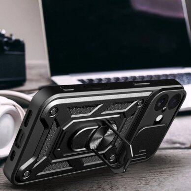 iPhone 17 Hybrid Armor Camshield dėklas su stovu ir kameros dangteliu – juodas 5