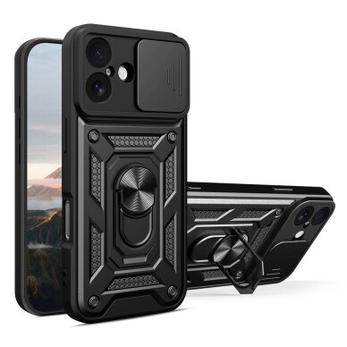 iPhone 17 Hybrid Armor Camshield dėklas su stovu ir kameros dangteliu – juodas