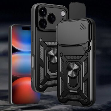 iPhone 17 Pro Hybrid Armor Camshield dėklas su stovu ir kameros dangteliu – juodas 8