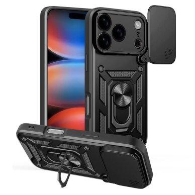 iPhone 17 Pro Hybrid Armor Camshield dėklas su stovu ir kameros dangteliu – juodas iPhone 17 Pro Hybrid Armor Camshield dėklas su stovu ir kameros dangteliu – juodas