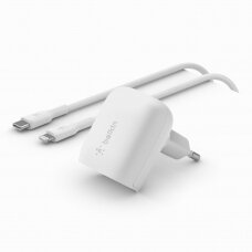Įkroviklis buitinis Belkin Boost Charge 20W USB-C PD + USB-C to Lightning kabelis baltas