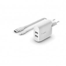 Įkroviklis buitinis Belkin Boost Charge Dual USB-A 24W + kabelis USB-A to Lightning baltas