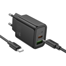 Įkroviklis Hoco N63 USB-A/USB-C PD30W+QC3.0 + USB-C to USB-C 60W cable 1.0m juodas