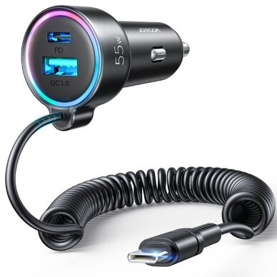 Įkroviklis automobilinis Joyroom JR-CL07 3-in-1 USB/Type-C 55W + Type-C 1.5m juodas Įkroviklis automobilinis Joyroom JR-CL07 3-in-1 USB/Type-C 55W + Type-C 1.5m juodas