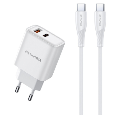Įkroviklis Awei PD81C-EU USB-A/USB-C + USB-C to USB-C Kabelis baltas