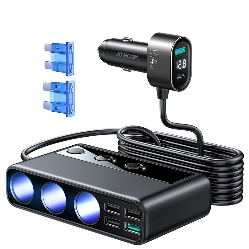 Įkroviklis automobilinis Joyroom 9in1 154W 3x12V, PD USB Type-C, QC3.0 USB-A, 4xUSB-A JR-CL06 Įkroviklis automobilinis Joyroom 9in1 154W 3x12V, PD USB Type-C, QC3.0 USB-A, 4xUSB-A JR-CL06