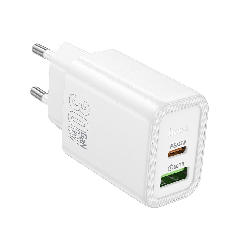 Įkroviklis Hoco N63 USB-A/USB-C PD30W+QC3.0 baltas Įkroviklis Hoco N63 USB-A/USB-C PD30W+QC3.0 baltas