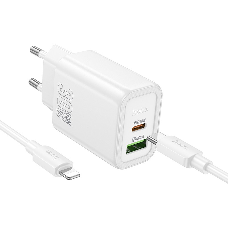 Įkroviklis Hoco N63 USB-A/USB-C PD30W+QC3.0 + USB-C to Lightning cable 1.0m baltas
