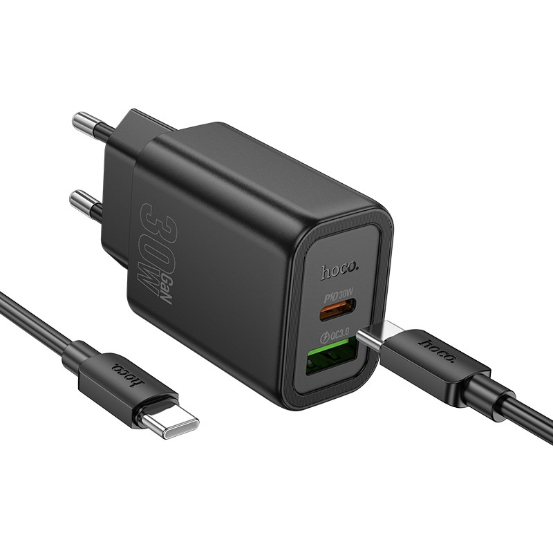 Įkroviklis Hoco N63 USB-A/USB-C PD30W+QC3.0 + USB-C to USB-C 60W cable 1.0m juodas Įkroviklis Hoco N63 USB-A/USB-C PD30W+QC3.0 + USB-C to USB-C 60W cable 1.0m juodas