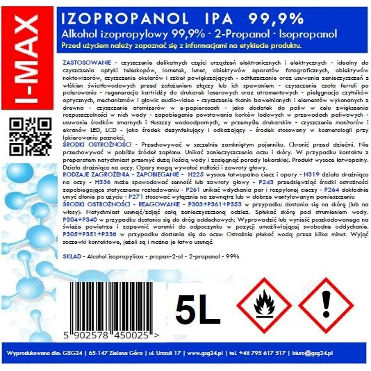 Isopropyl alcohol Isopropanol IPA I-MAX 99.9% 5L 1 Isopropyl alcohol Isopropanol IPA I-MAX 99.9% 5L 1