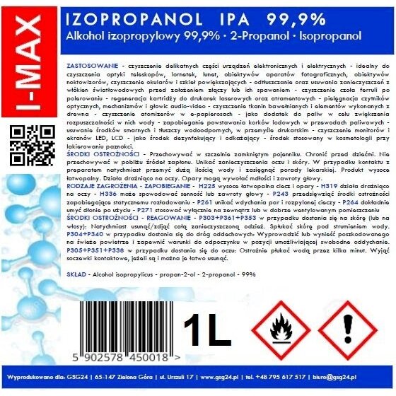 Isopropyl alcohol Isopropanol IPA I-MAX 99.9% 1L 1