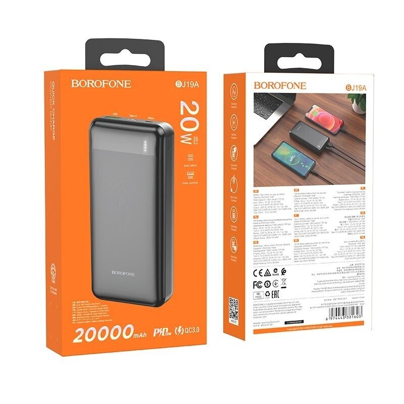 Išorinė baterija Power Bank Borofone BJ19A Type-C PD 20W+Quick Charge 3.0 20000mAh juoda 5 Išorinė baterija Power Bank Borofone BJ19A Type-C PD 20W+Quick Charge 3.0 20000mAh juoda 5