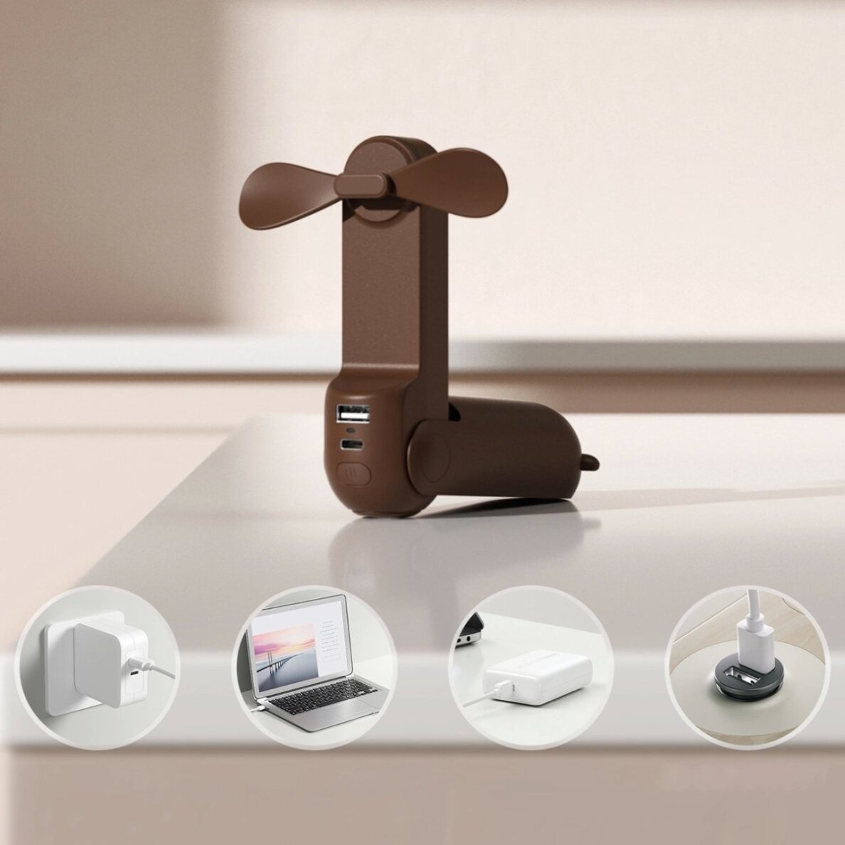 Rankinis ventiliatorius Jisulife Life8 Plus nešiojamas USB su Power Bank ir žibintuvėliu – rudas 1 Rankinis ventiliatorius Jisulife Life8 Plus nešiojamas USB su Power Bank ir žibintuvėliu – rudas 1