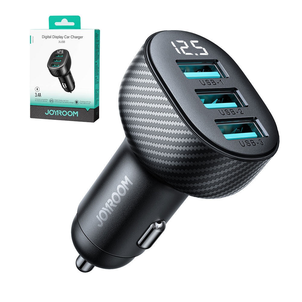 Joyroom JR-CCD03 3.4A car charger with 3x USB-A display - Juodas 5 Joyroom JR-CCD03 3.4A car charger with 3x USB-A display - Juodas 5