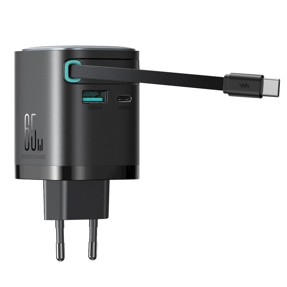 Sieninis įkroviklis Joyroom JR-TCL02 65W GaN USB-A / USB-C su įmontuotu USB-C kabeliu – juodas 5 Sieninis įkroviklis Joyroom JR-TCL02 65W GaN USB-A / USB-C su įmontuotu USB-C kabeliu – juodas 5