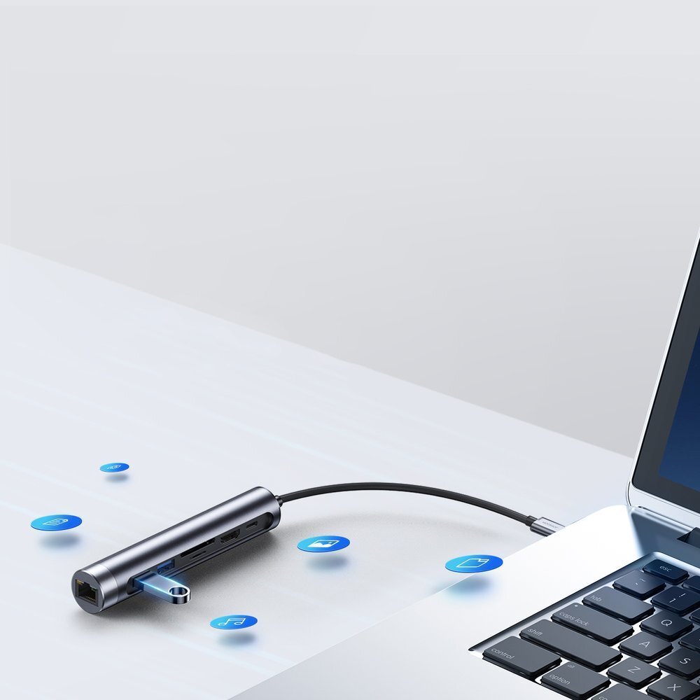 Akcija! Joyroom Multifunctional USB Hub 7in1 Type C / 2 x USB 3.0 / HDMI 4K 30Hz / RJ-45 / SD Card Reader and Micro SD 100W 15cm Pilkas (S-H111)  2