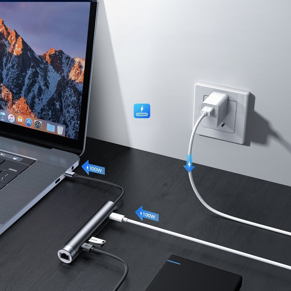 Akcija! Joyroom Multifunctional USB Hub 7in1 Type C / 2 x USB 3.0 / HDMI 4K 30Hz / RJ-45 / SD Card Reader and Micro SD 100W 15cm Pilkas (S-H111)  3