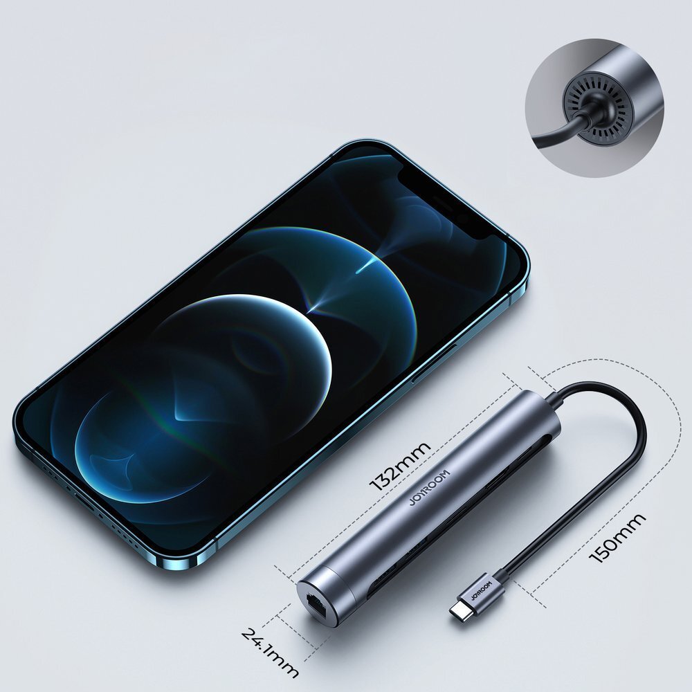 Akcija! Joyroom Multifunctional USB Hub 7in1 Type C / 2 x USB 3.0 / HDMI 4K 30Hz / RJ-45 / SD Card Reader and Micro SD 100W 15cm Pilkas (S-H111)  7