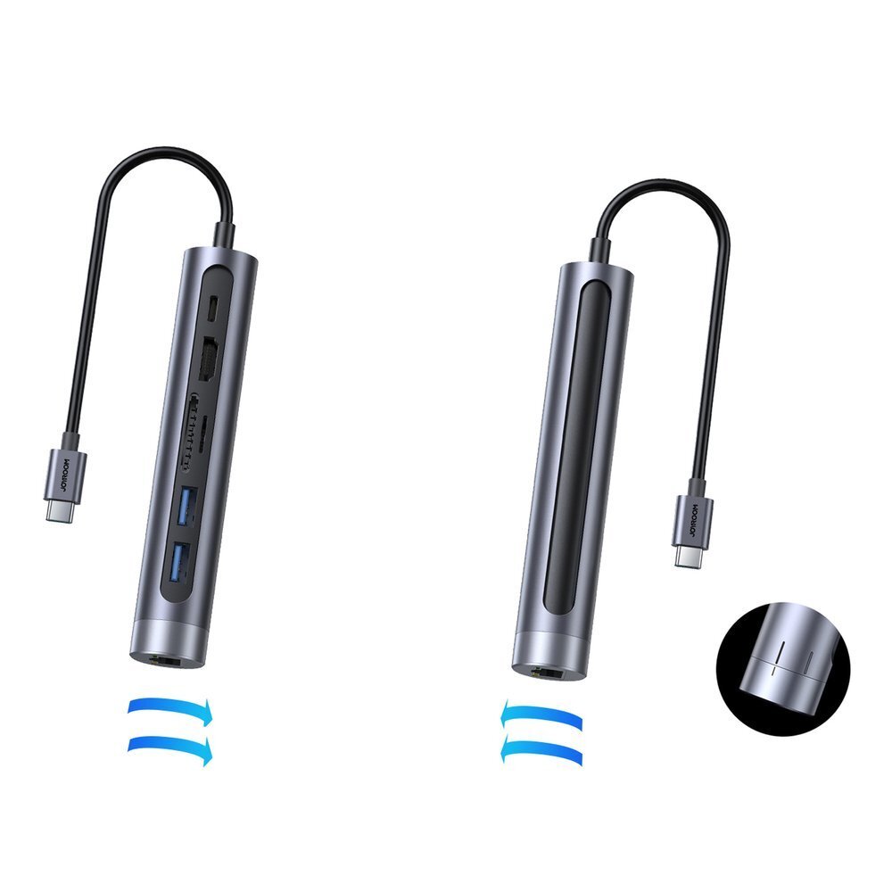 Akcija! Joyroom Multifunctional USB Hub 7in1 Type C / 2 x USB 3.0 / HDMI 4K 30Hz / RJ-45 / SD Card Reader and Micro SD 100W 15cm Pilkas (S-H111)  9