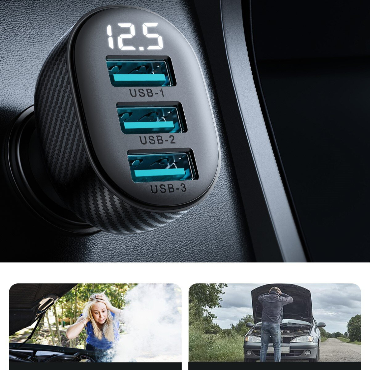 Joyroom JR-CCD03 3.4A car charger with 3x USB-A display - Juodas 11 Joyroom JR-CCD03 3.4A car charger with 3x USB-A display - Juodas 11
