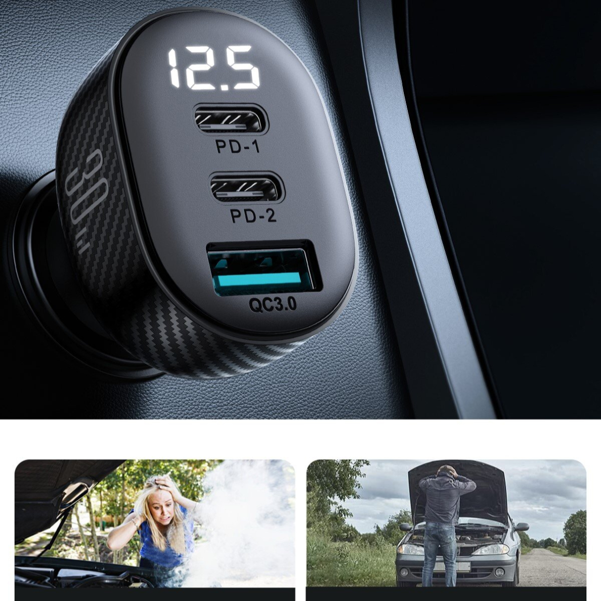 Joyroom JR-CCD04 30W 2x USB-C USB-A car charger with display - black 12 Joyroom JR-CCD04 30W 2x USB-C USB-A car charger with display - black 12