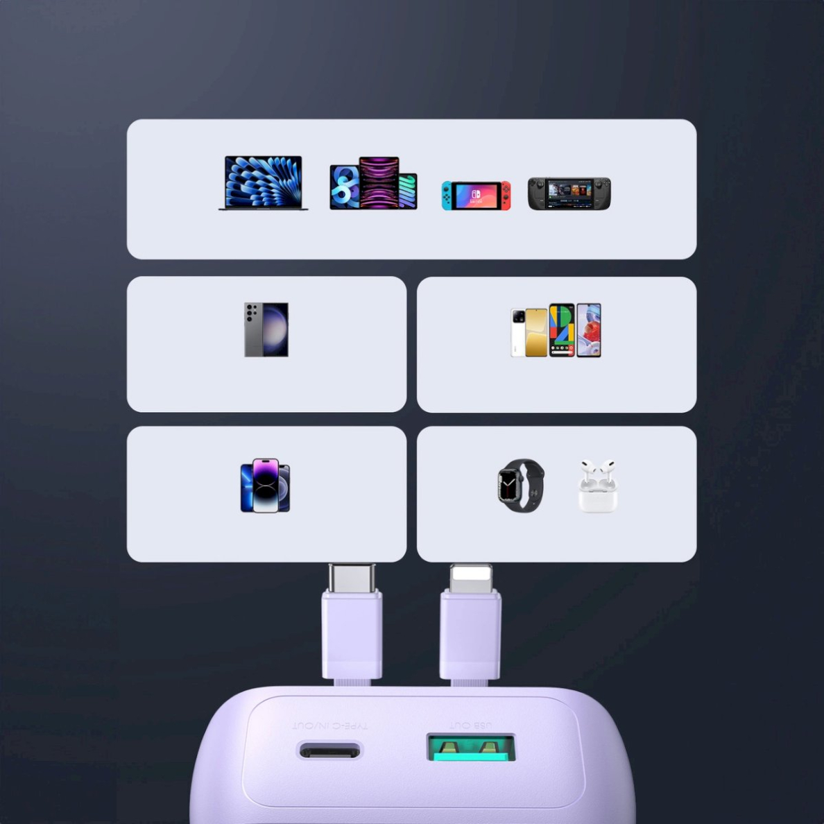 Joyroom JR-PBC06 mini power bankbuilt-in USB-C / Lightning Kabeliss 30W 10000mAh - violetinis 11