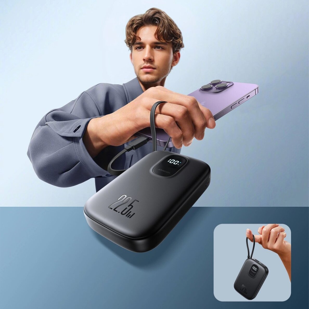 Išorinė baterija Power Bank Joyroom JR-PBF18 22.5W 10000mAh su įmontuotu Lightning kabeliu + USB-C kabeliu 0.25 cm – juoda 11 Išorinė baterija Power Bank Joyroom JR-PBF18 22.5W 10000mAh su įmontuotu Lightning kabeliu + USB-C kabeliu 0.25 cm – juoda 11