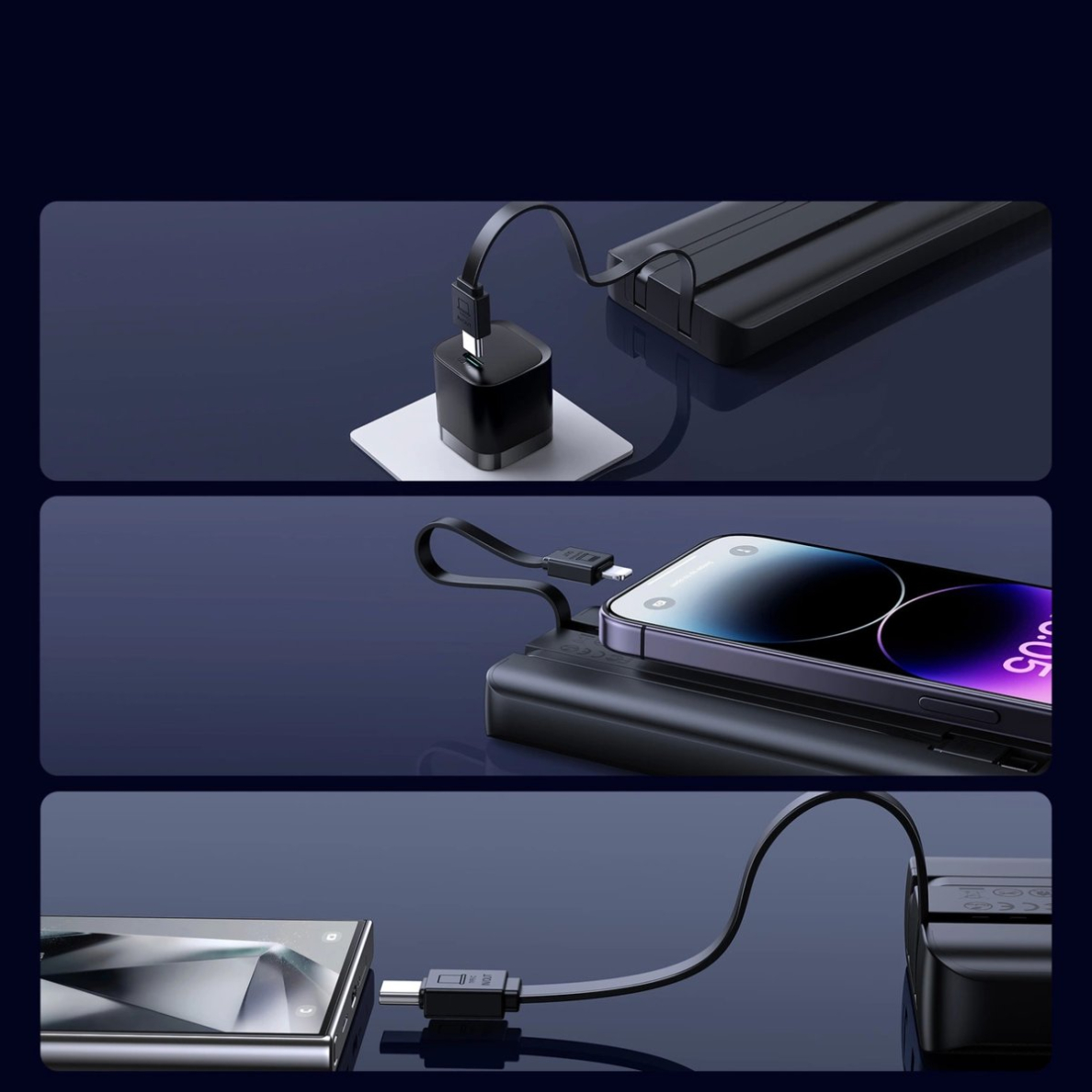 Joyroom JR-PBF19 22.5W 10000mAh išorinė baterija su dviem integruotais kabeliais – juoda 10