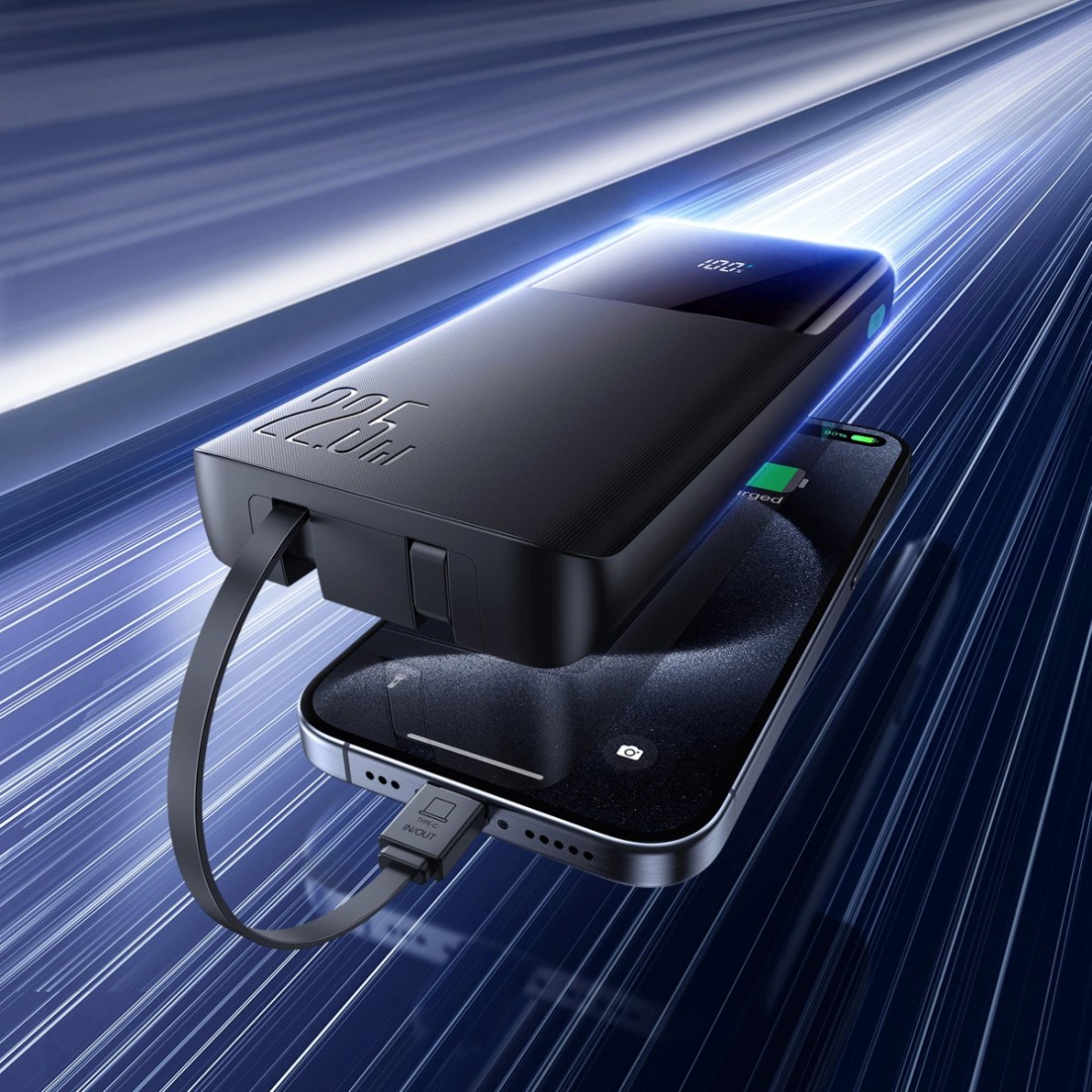 Joyroom JR-PBF19 22.5W 10000mAh išorinė baterija su dviem integruotais kabeliais – juoda 7 Joyroom JR-PBF19 22.5W 10000mAh išorinė baterija su dviem integruotais kabeliais – juoda 7