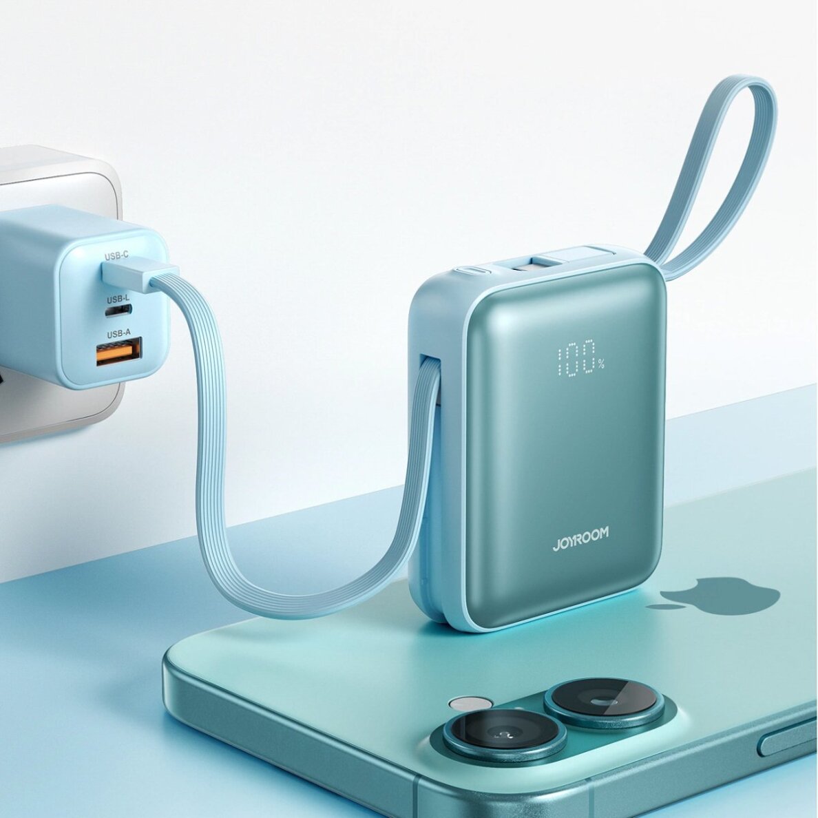 Išorinė baterija Power Bank Joyroom JR-PBF27 22.5W 10000mAh su dviem įmontuotais kabeliais – mėlyna 4