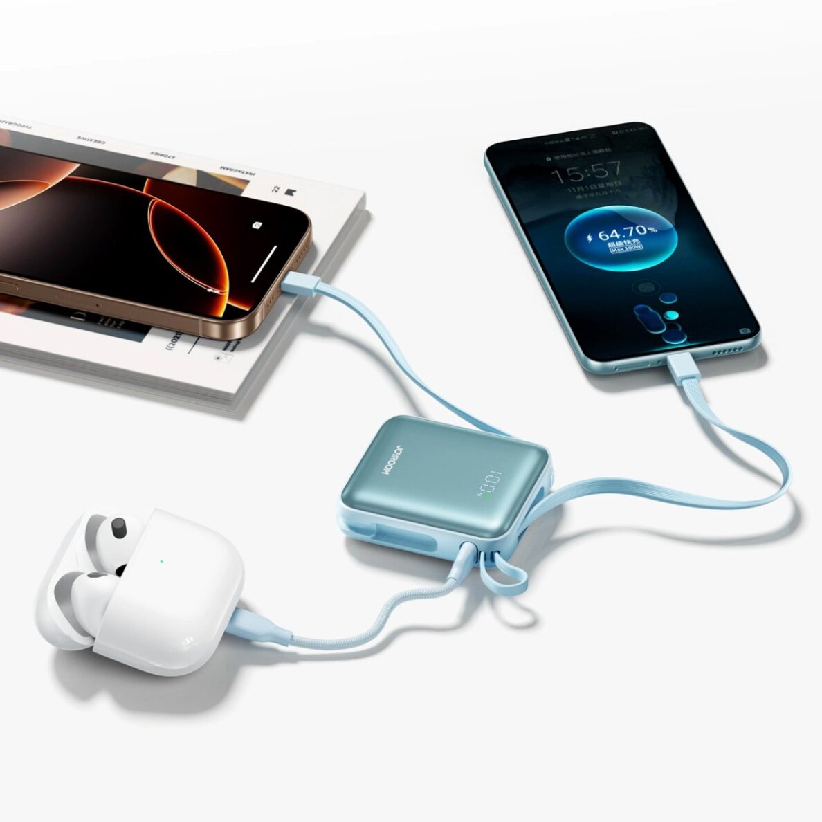 Išorinė baterija Power Bank Joyroom JR-PBF27 22.5W 10000mAh su dviem įmontuotais kabeliais – mėlyna 5