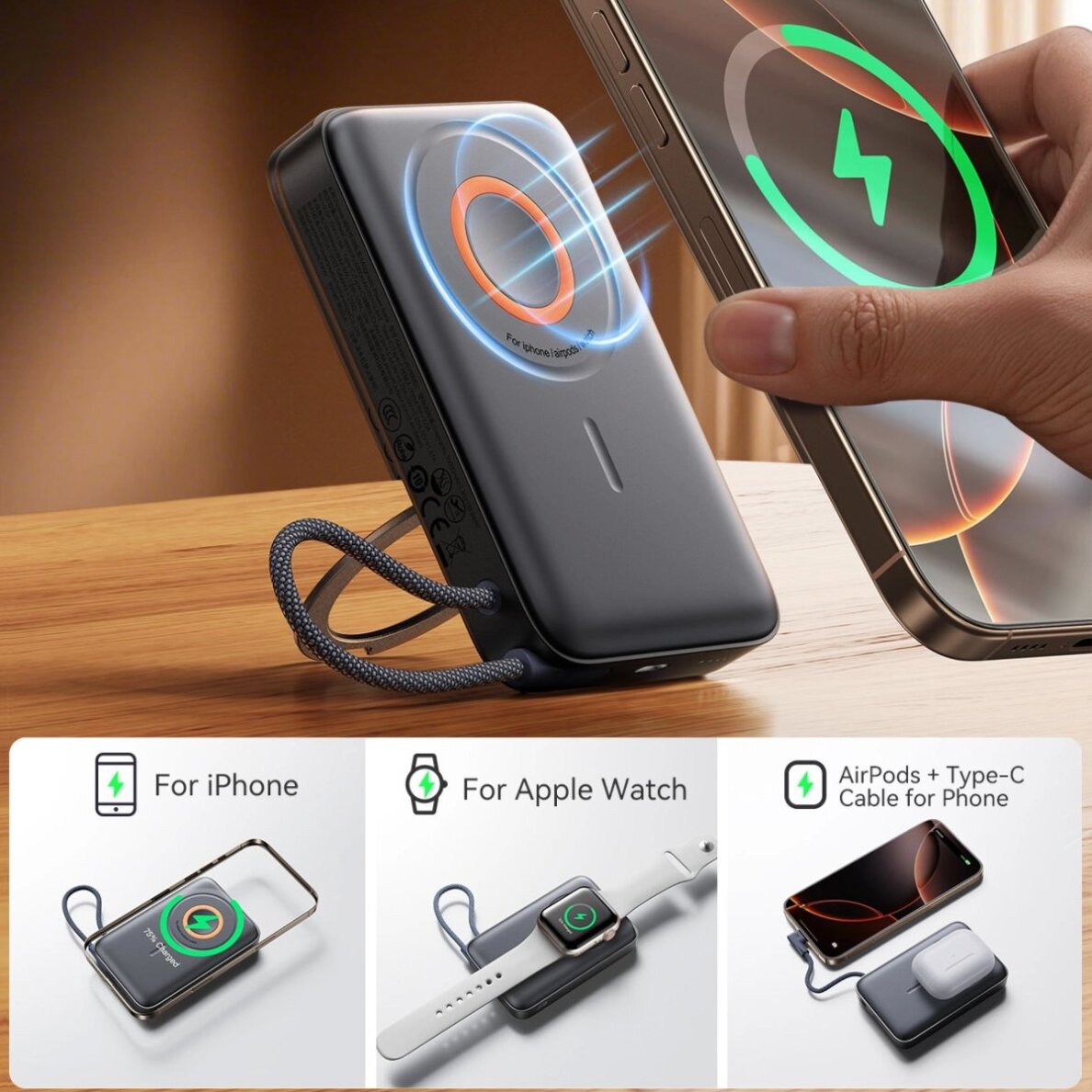 Išorinė baterija Power Bank Joyroom JR-PBM02 22.5W 10000mAh 3in1 magnetinis MagSafe suderinamas su įmontuotu kabeliu – juoda 1 Išorinė baterija Power Bank Joyroom JR-PBM02 22.5W 10000mAh 3in1 magnetinis MagSafe suderinamas su įmontuotu kabeliu – juoda 1