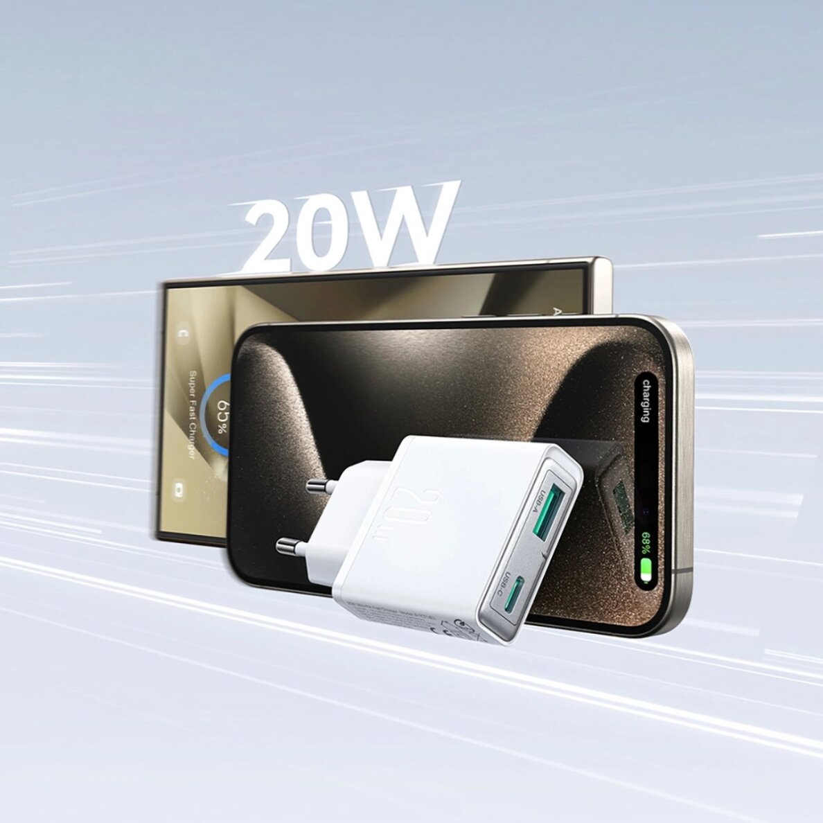 Sieninis įkroviklis Joyroom JR-TCF14 20W USB-A / USB-C itin plonas – baltas 7 Sieninis įkroviklis Joyroom JR-TCF14 20W USB-A / USB-C itin plonas – baltas 7