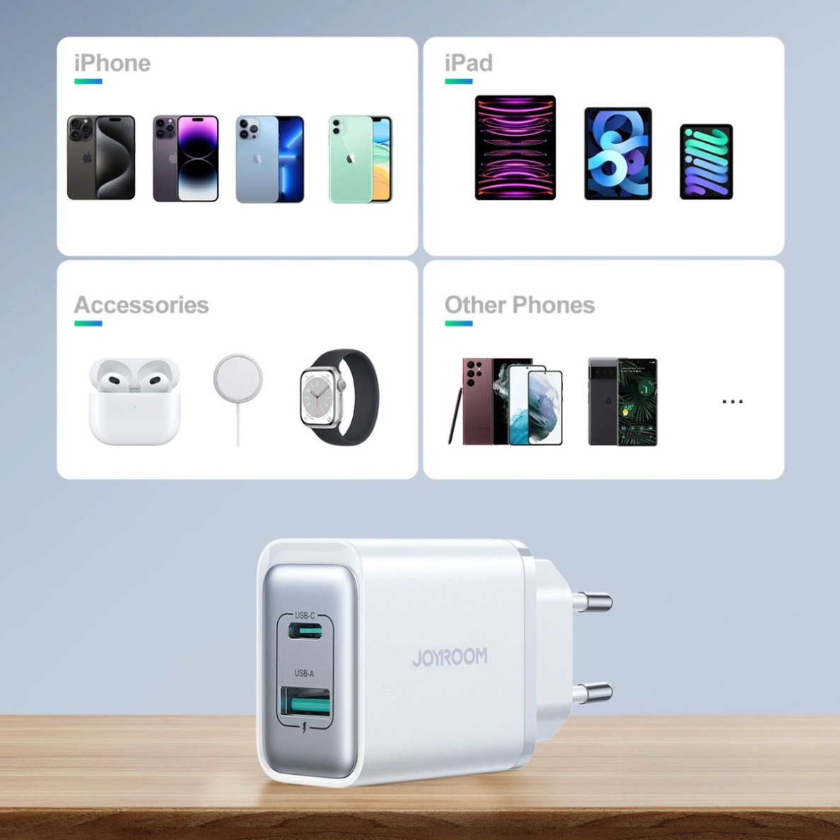 Joyroom JR-TCF15 tinklo įkroviklis USB-C / USB-A 30W – baltas 8 Joyroom JR-TCF15 tinklo įkroviklis USB-C / USB-A 30W – baltas 8