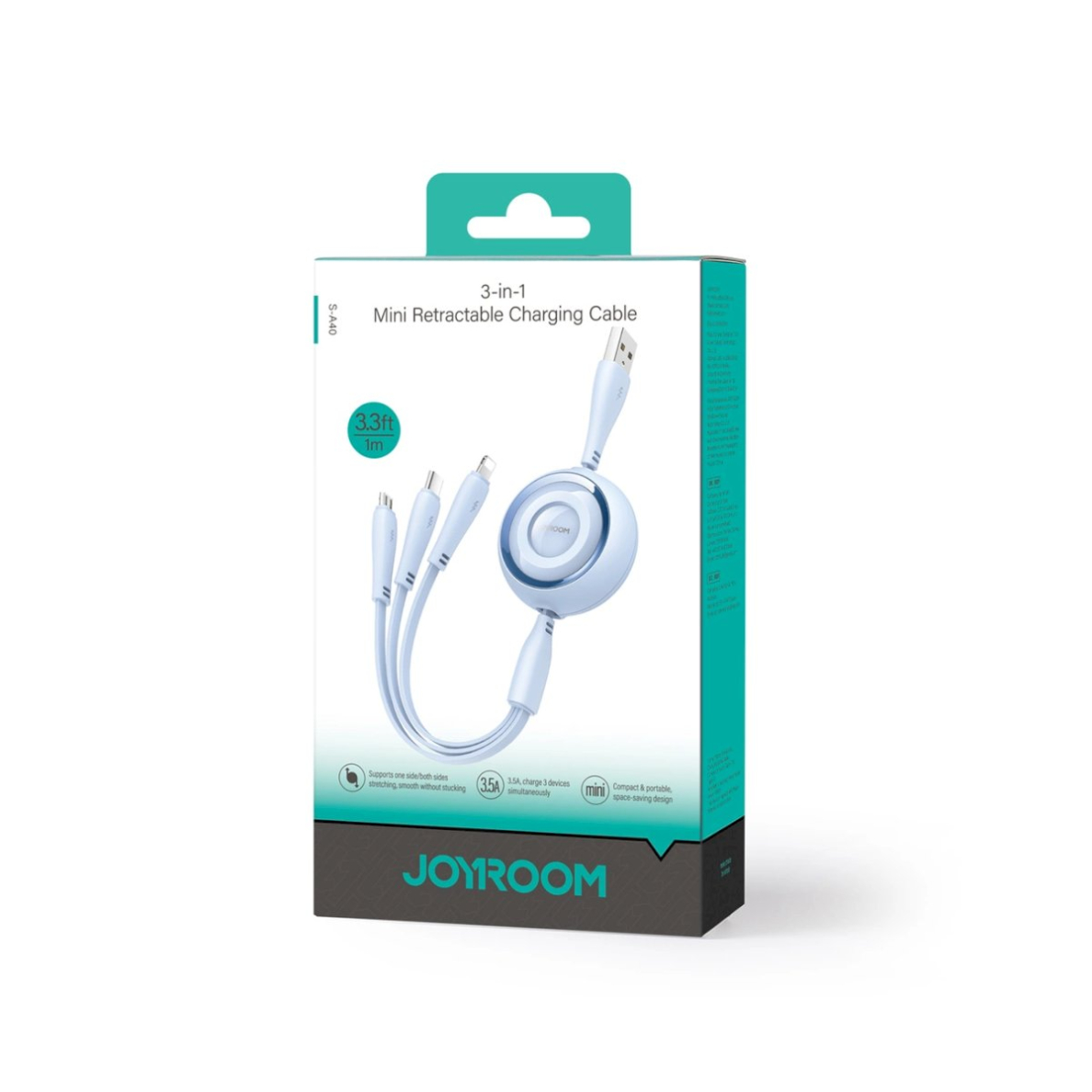 Joyroom S-A40 Colorful Series 3in1 retractable Kabelis USB-A to USB-C / Lightning / microUSB 1m - blue 1 Joyroom S-A40 Colorful Series 3in1 retractable Kabelis USB-A to USB-C / Lightning / microUSB 1m - blue 1