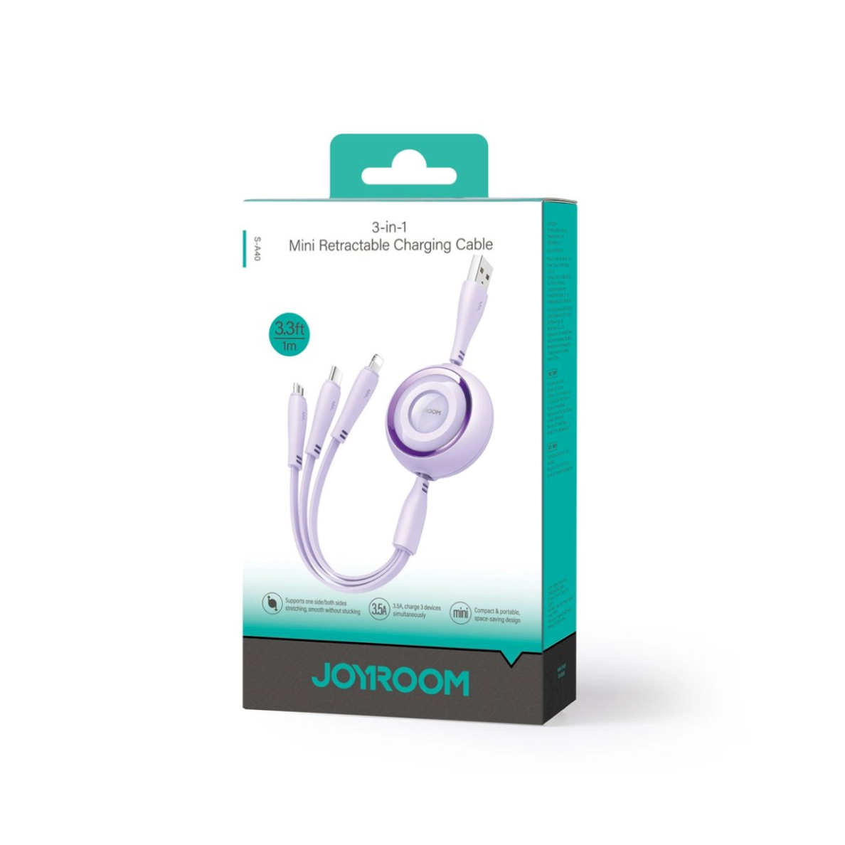 Joyroom S-A40 Colorful Series 3in1 retractable Kabelis USB-A to USB-C / Lightning / microUSB 1m - violetinis 4 Joyroom S-A40 Colorful Series 3in1 retractable Kabelis USB-A to USB-C / Lightning / microUSB 1m - violetinis 4