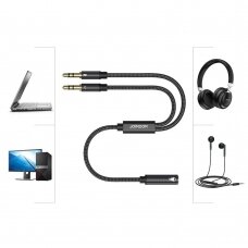 Audio kabelis Joyroom AUX splitter  3,5 mm mini jack (female) - 2x 3,5 mm mini jack (male - microfon and headphones) 0,2m juodas (SY-A05)