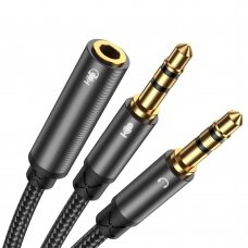 Audio kabelis Joyroom AUX splitter 3,5 mm mini jack (female) - 2x 3,5 mm mini jack (male - microfon and headphones) 0,2m juodas (SY-A05)